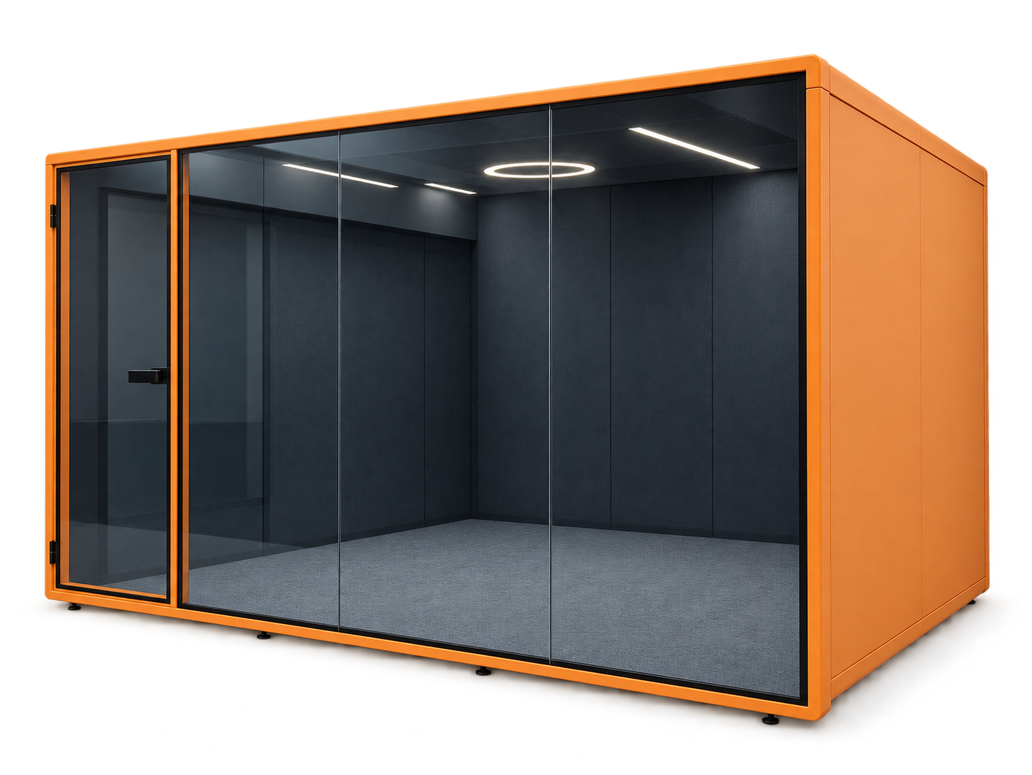 Exempel på ett måttanpassat mötesrum från Workcube i orange