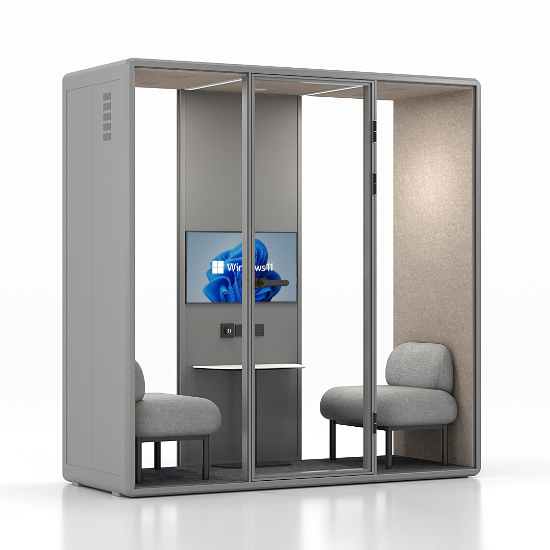 Workcube Fokus i grå exteriör med beige akustikfilt, snett framifrån