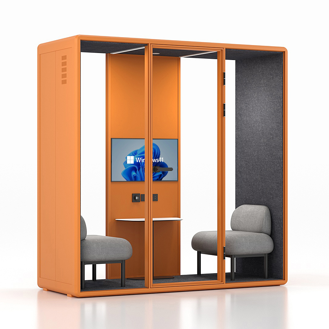 Workcube Fokus i orange exteriör med mörkgrå akustikfilt, snett framifrån