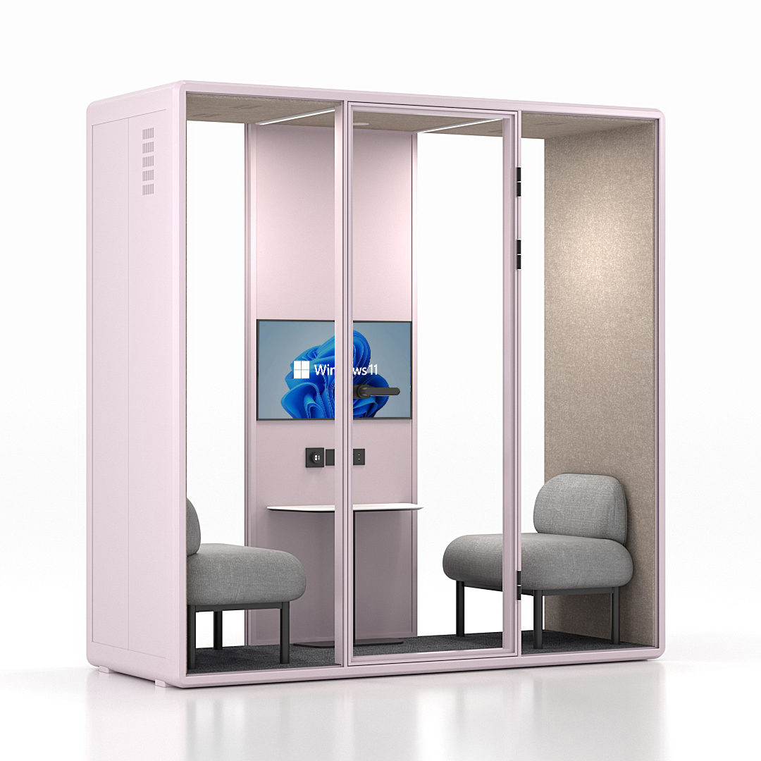Workcube Fokus i rosa exteriör med sandfärgad akustikfilt, snett framifrån