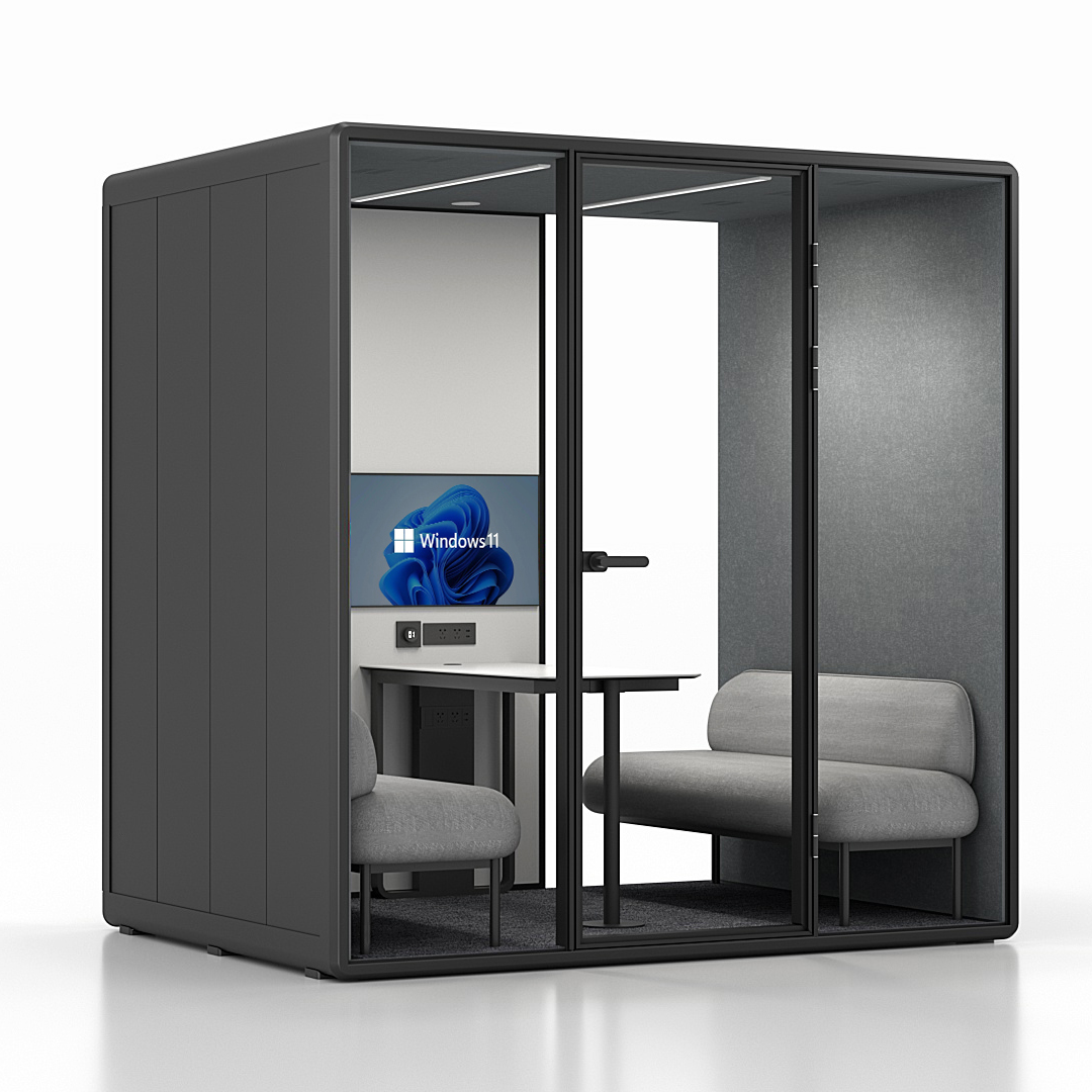 Workcube Lounge i svart exteriör med silvergrå akustikfilt, snett framifrån