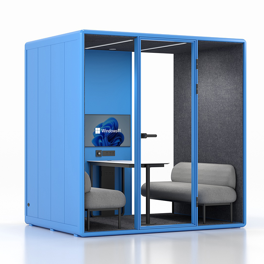 Workcube Lounge i ljusblå exteriör med mörkgrå akustikfilt, snett framifrån