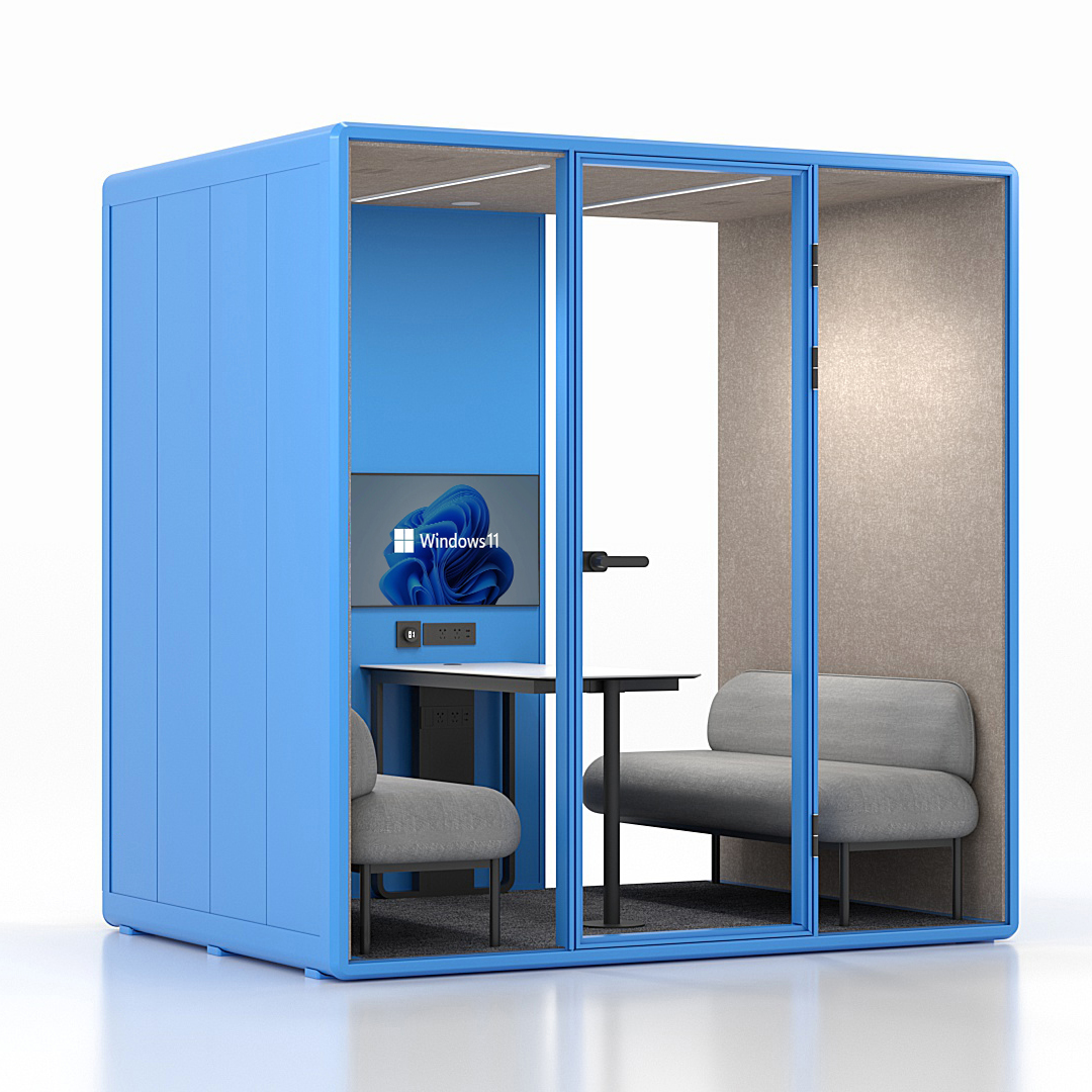 Workcube Lounge i ljusblå exteriör med sandfärgad akustikfilt, snett framifrån