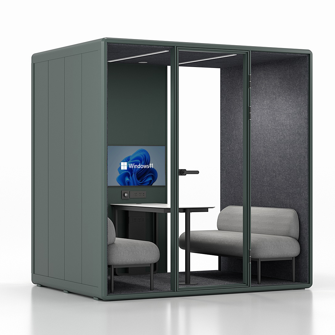 Workcube Lounge i mörkgrön exteriör med mörkgrå akustikfilt, snett framifrån