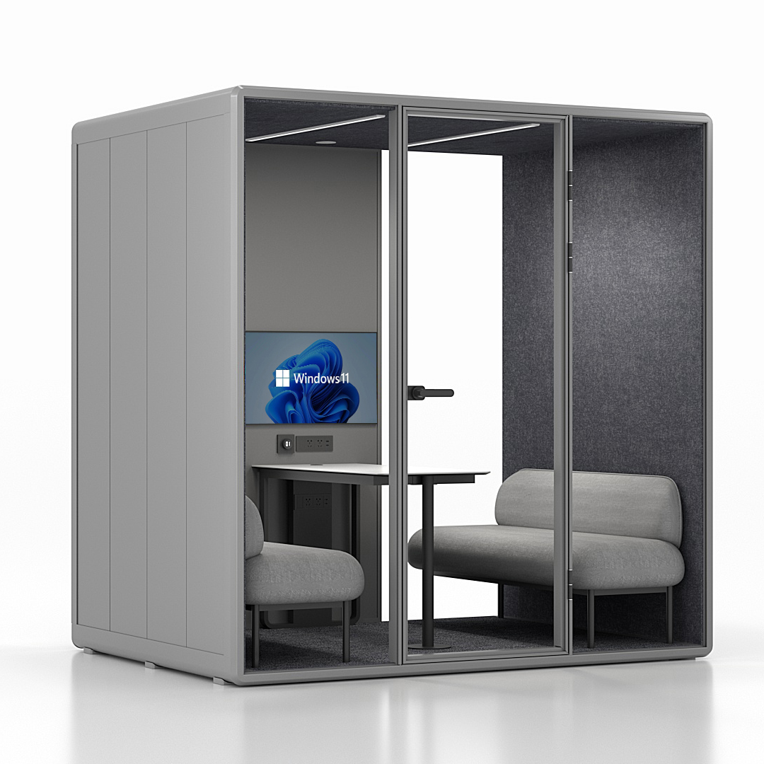 Workcube Lounge i grå exteriör med mörkgrå akustikfilt, snett framifrån