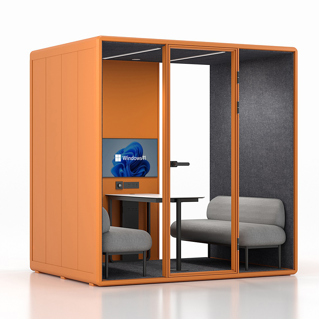 Workcube Lounge i orange exteriör med mörkgrå akustikfilt, snett framifrån
