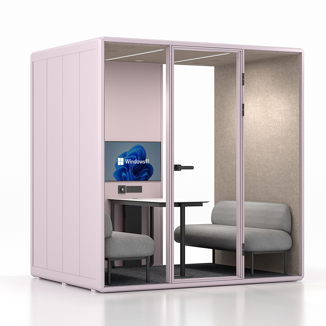 Workcube Lounge i rosa exteriör med sandfärgad akustikfilt, snett framifrån