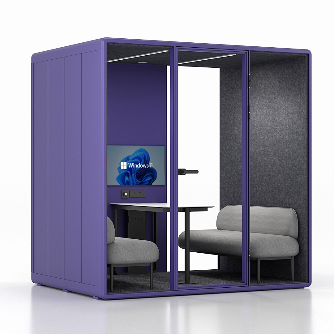 Workcube Lounge i lila exteriör med mörkgrå akustikfilt, snett framifrån