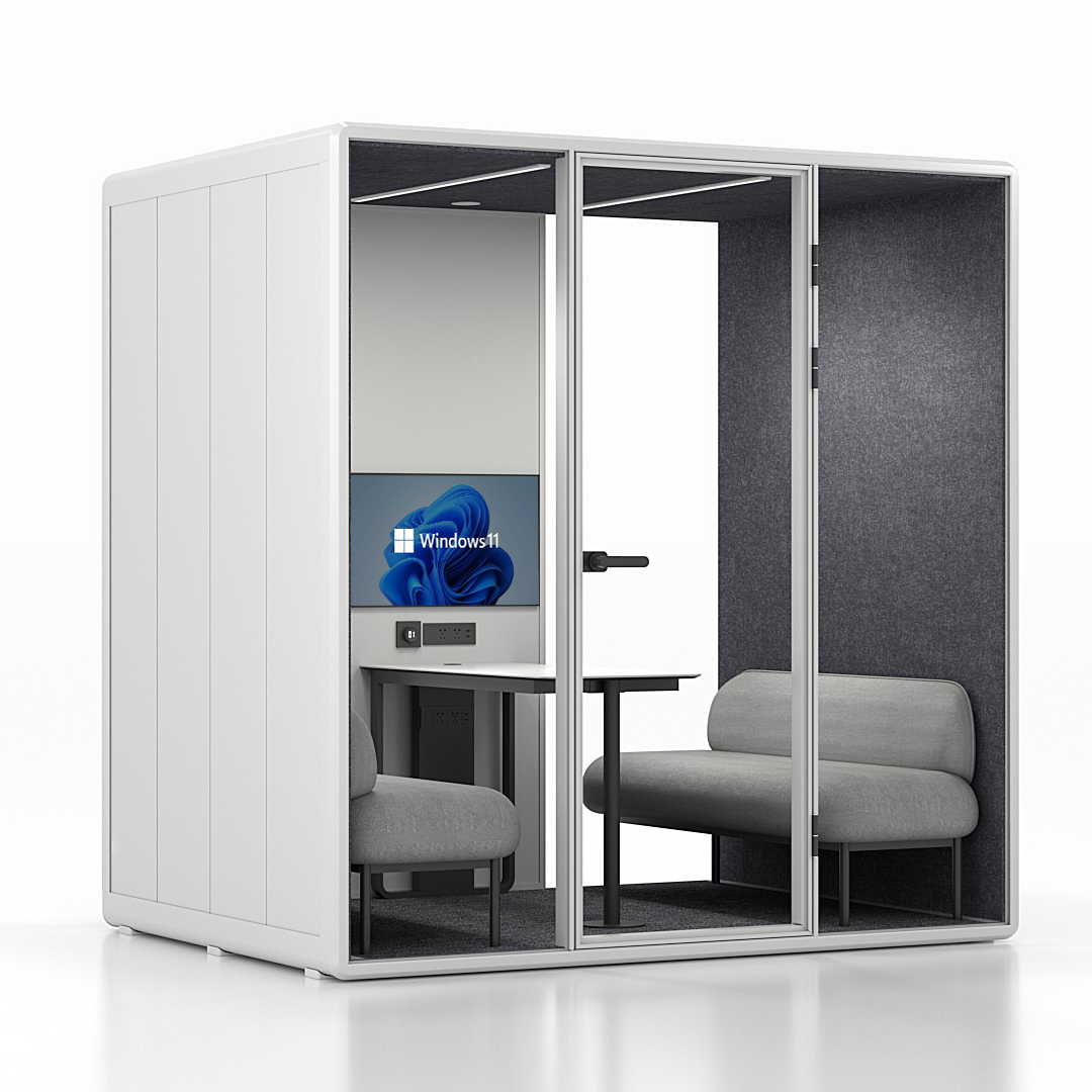Workcube Lounge i vit exteriör med mörkgrå akustikfilt, snett framifrån