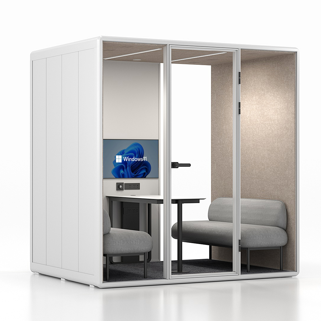 Workcube Lounge i vit exteriör med sandfärgad akustikfilt, snett framifrån