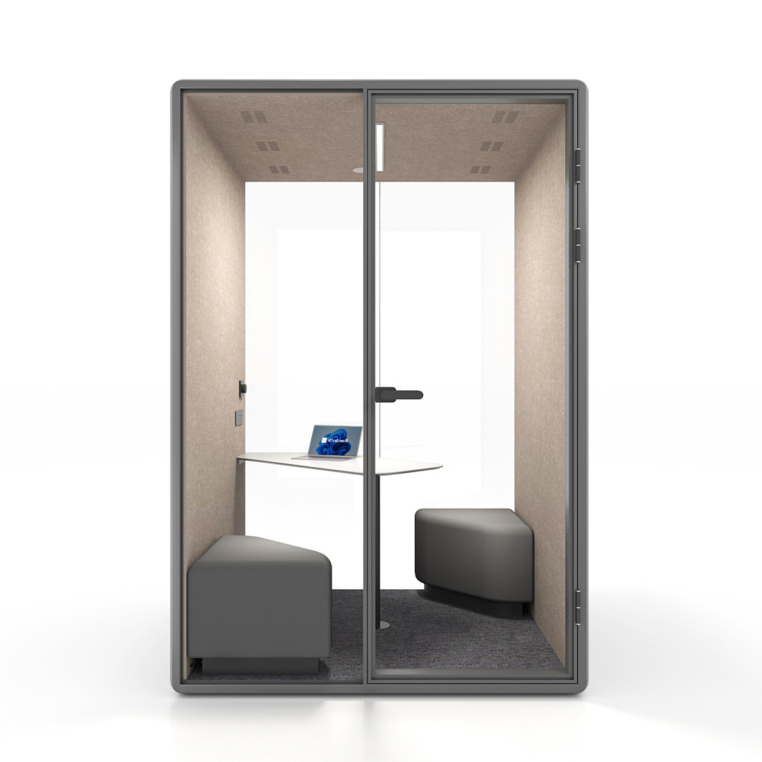Workcube Samtal i grå exteriör med akustikfilt i ljus sand, framifrån