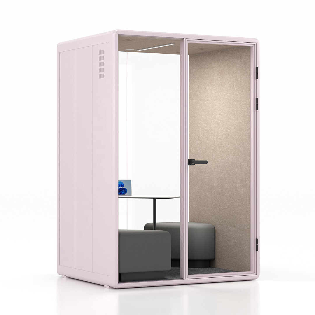 Workcube Samtal i rosa exteriör med akustikfilt i ljus sand, snett framifrån