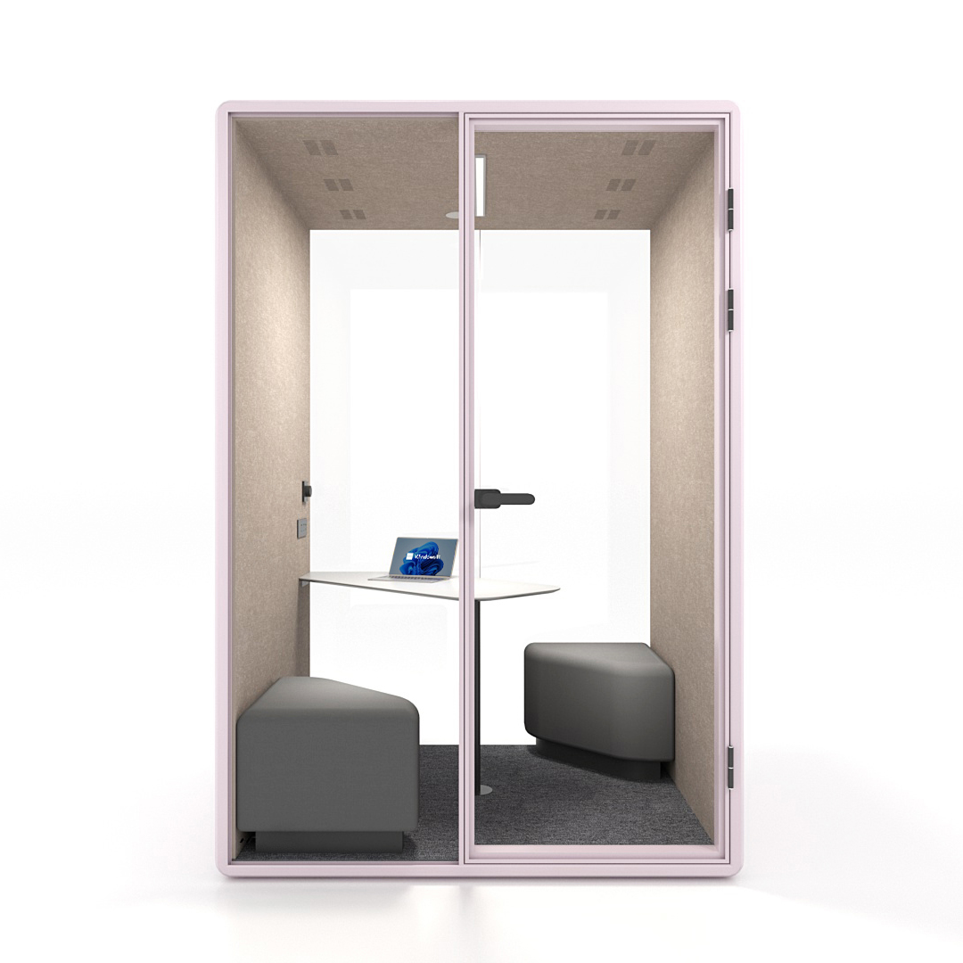 Workcube Samtal i rosa exteriör med akustikfilt i ljus sand, framifrån
