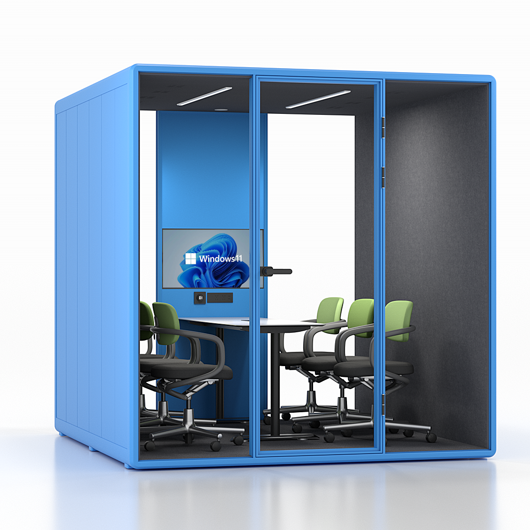 Workcube Samling i ljusblå exteriör med mörkgrå interiör, vinkelvy