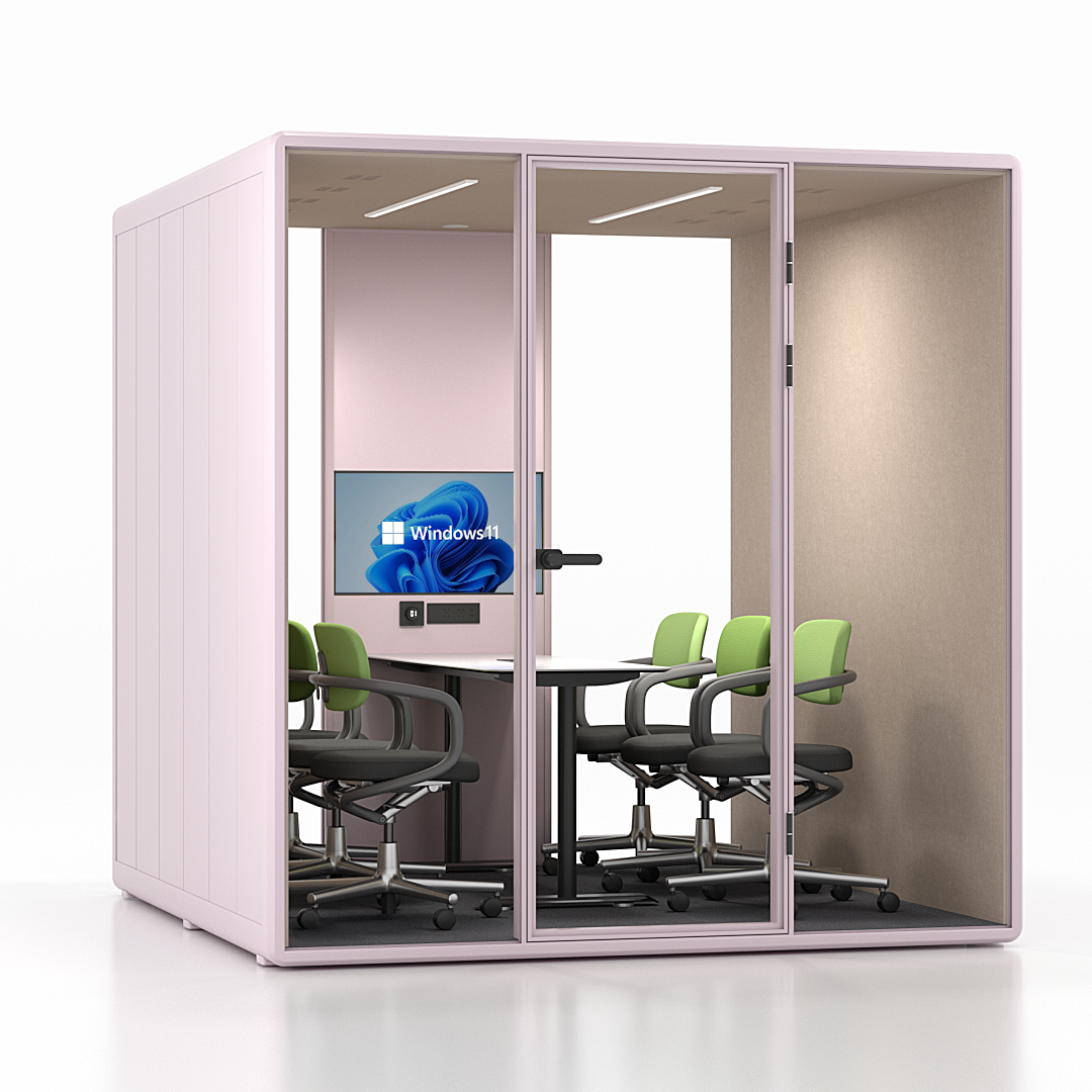 Workcube Samling i rosa exteriör med ljus sand interiör, vinkelvy