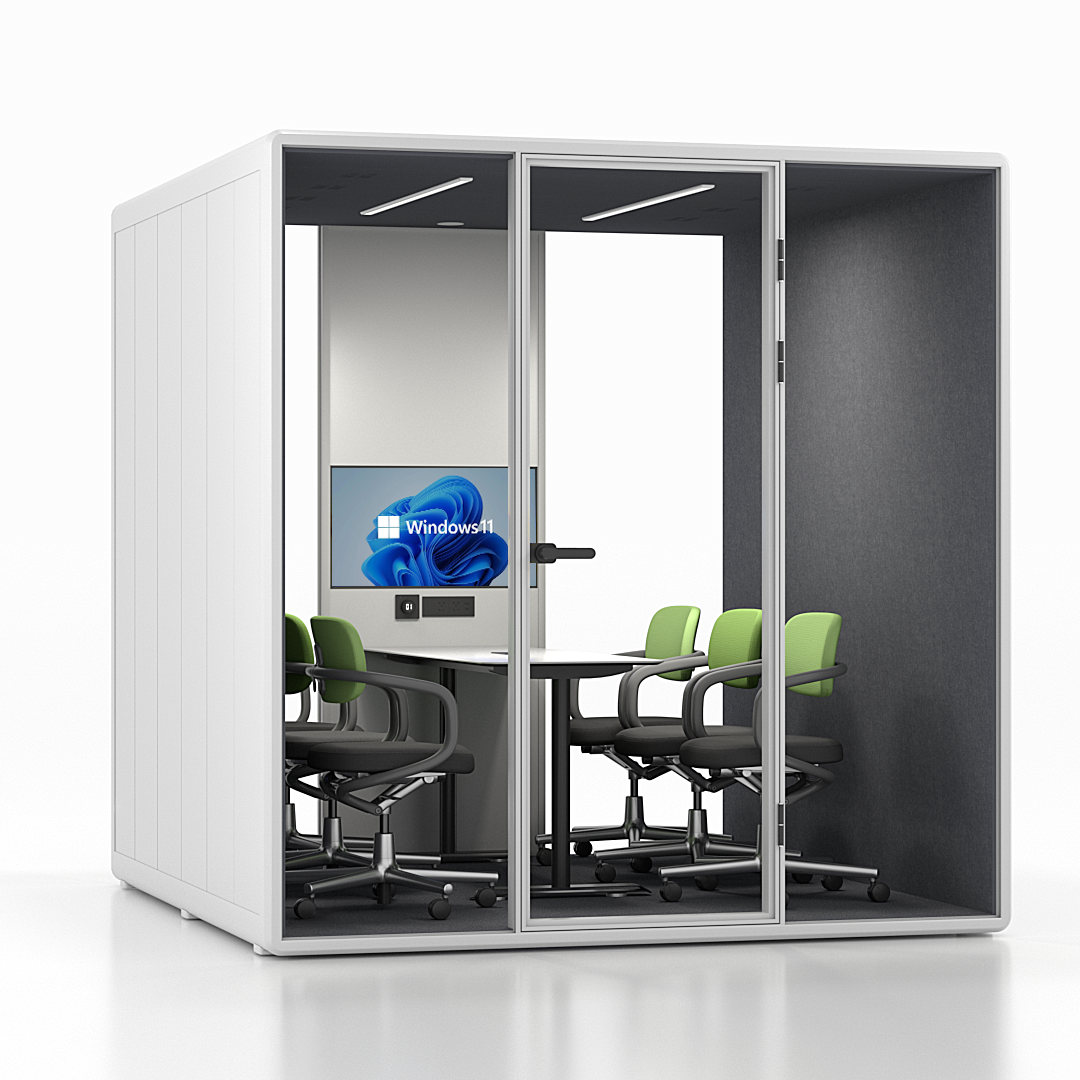 Workcube Samling i vit exteriör med mörkgrå interiör, vinkelvy