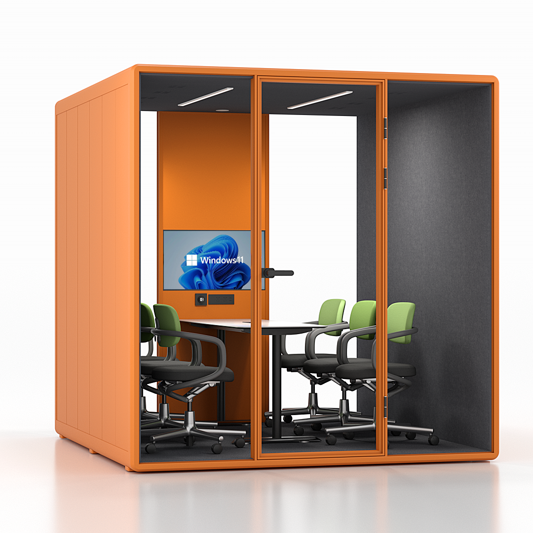 Workcube Samling i orange exteriör med mörkgrå interiör, vinkelvy